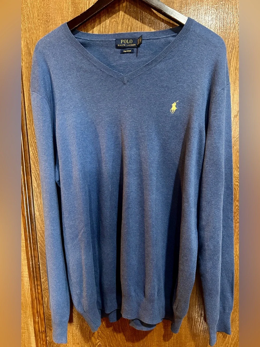 Polo Ralph Lauren Pima Cotton V-Neck Sweater LT Slate Blue Yellow Pony